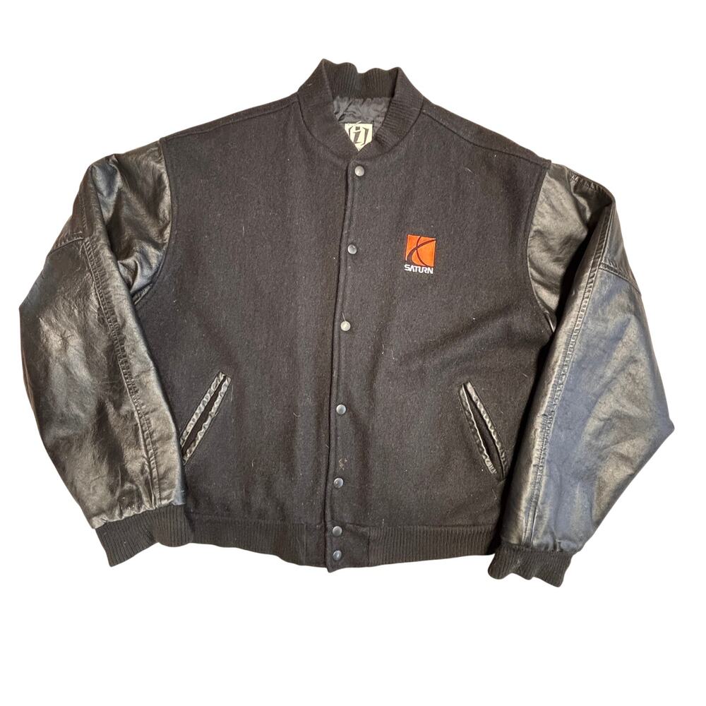Vintage Saturn Leather Wool Bomber Jacket Large Black GM Dealership USA Made 80s